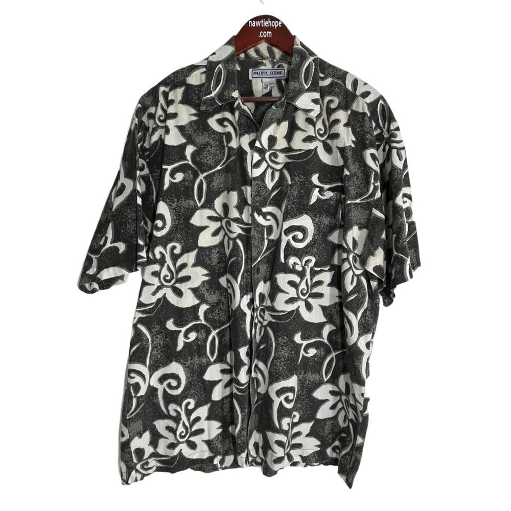 Shirt Hawaiian Style Button Down Short Sleeve Size L Gray Pacific Scene